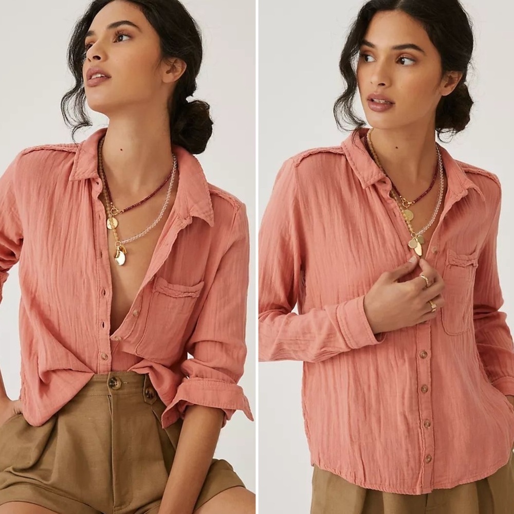 Anthropologie Pilcro Peach Pink Gauzy Button Down Shirt Women’s Size Small